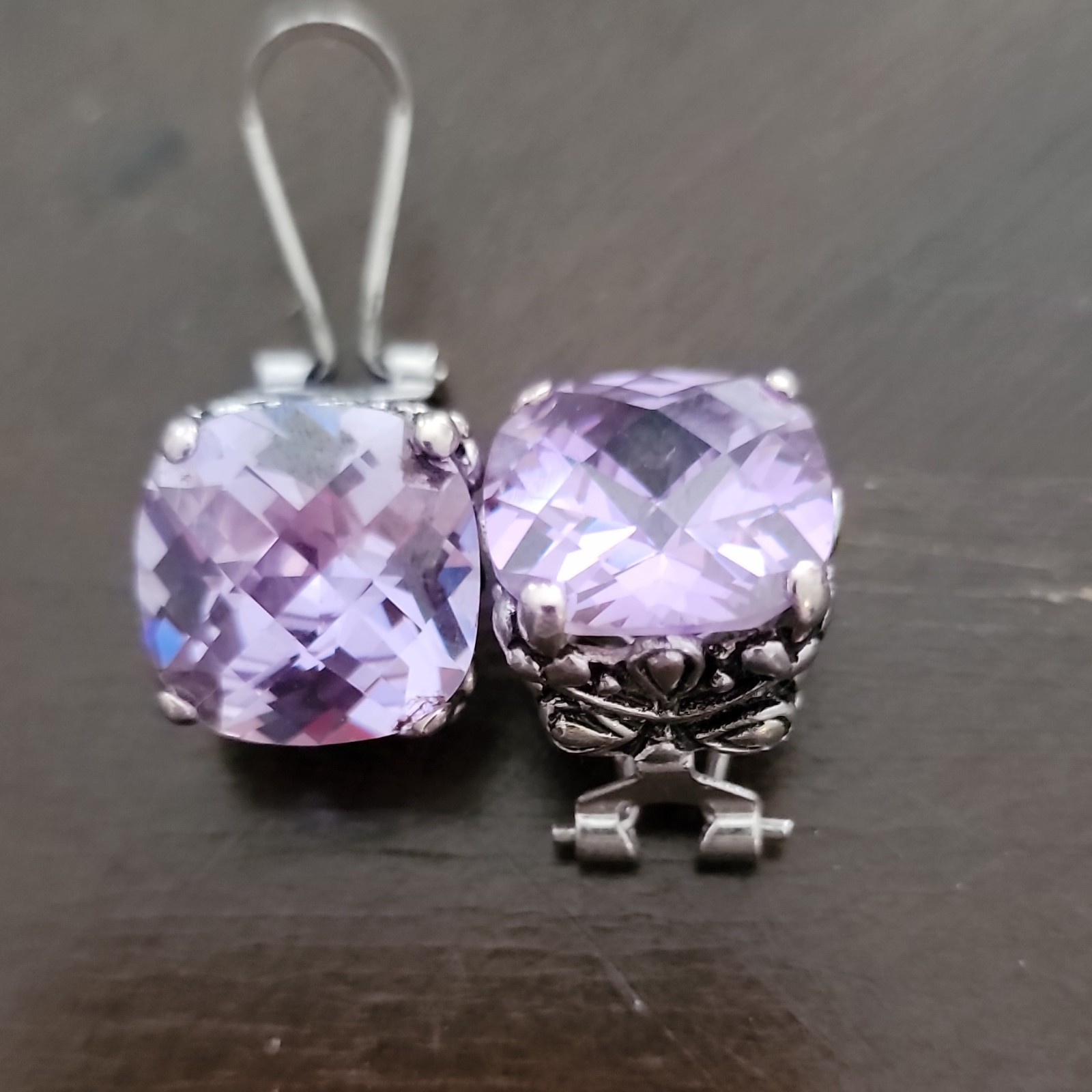 Purple Cushion-Cut Crystal Leverback Dangle Earrings Silver-Tone Prong Set