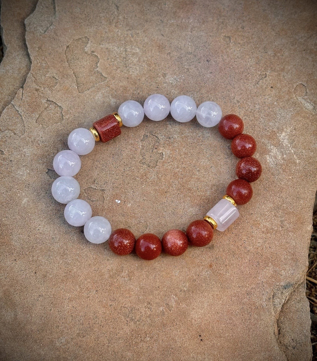White & Brown Round Stone Beaded Stretch Bracelet w/ Gold Spacers