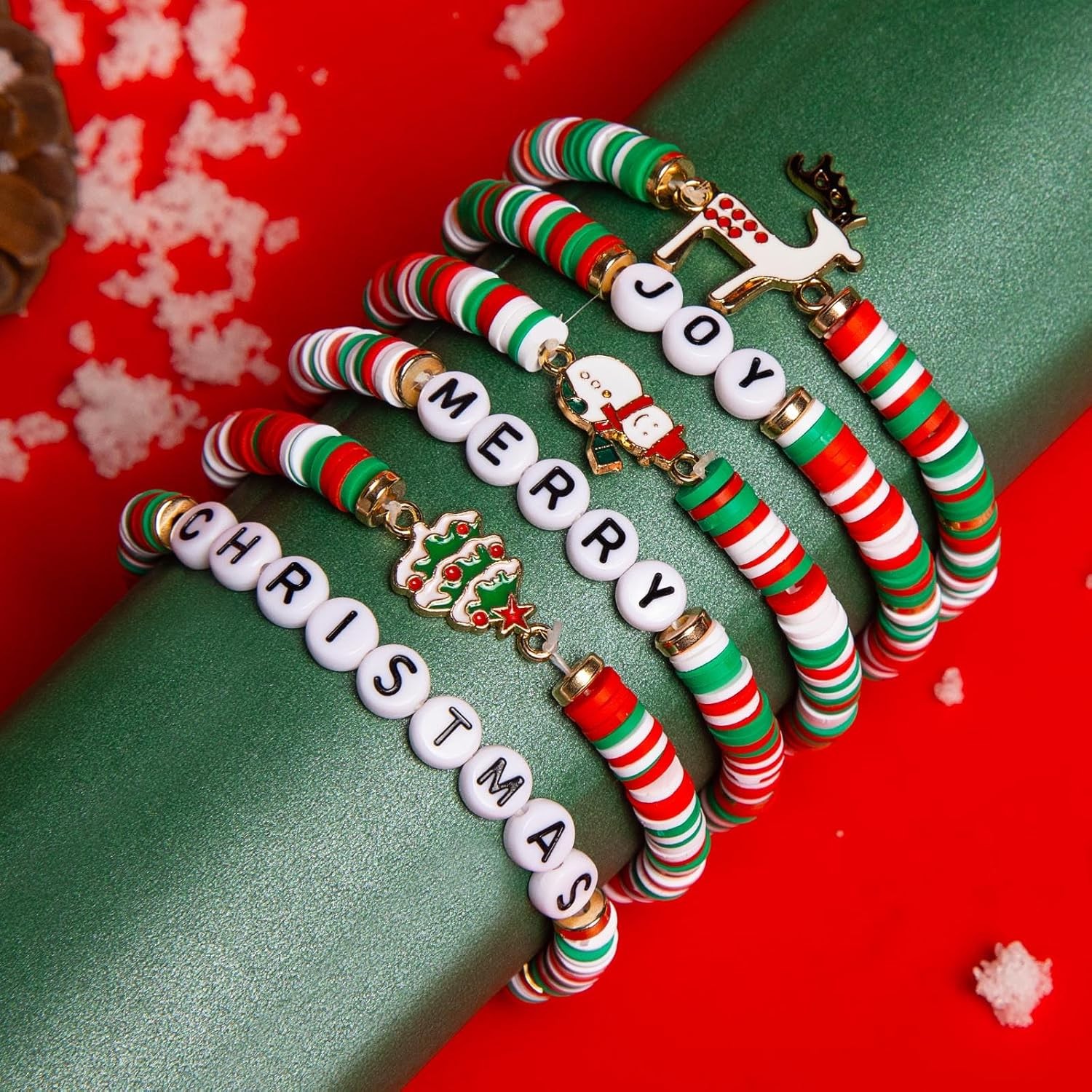 Artlunar 6 Pack Christmas Bracelets: Joy & Merry Candy-Style Stacks for Women &