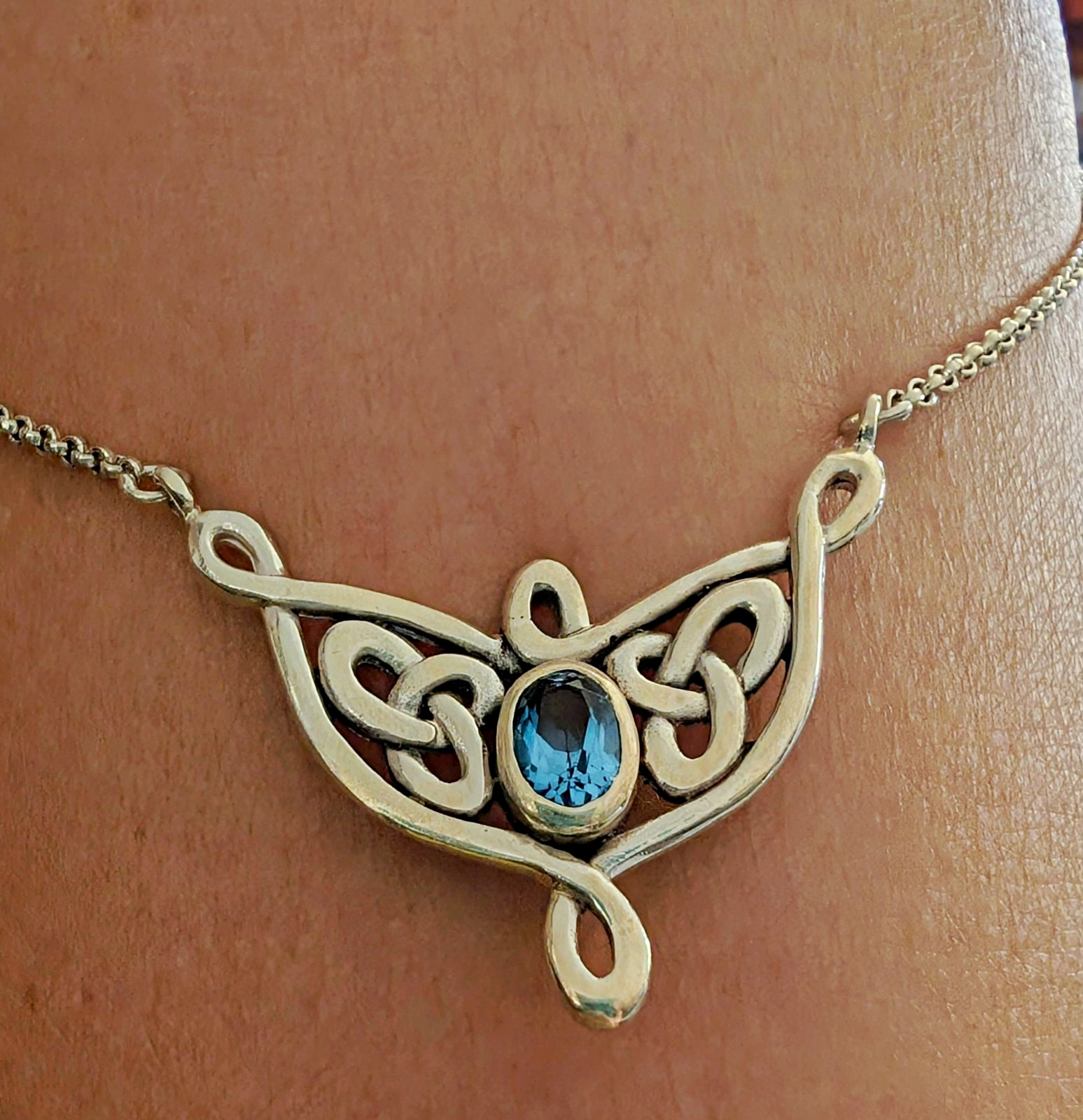 Celtic Knot Necklace w/ Blue Topaz Bezel Set Sterling Silver
