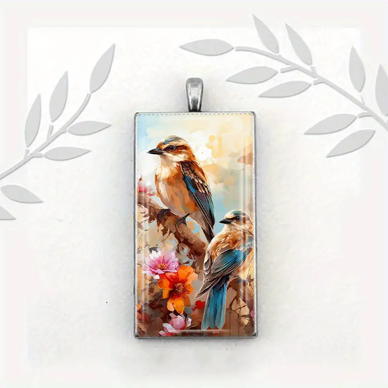 Bluebird Rectangle Inspirational Jewelry Metal Glass Bird Pendant Necklace