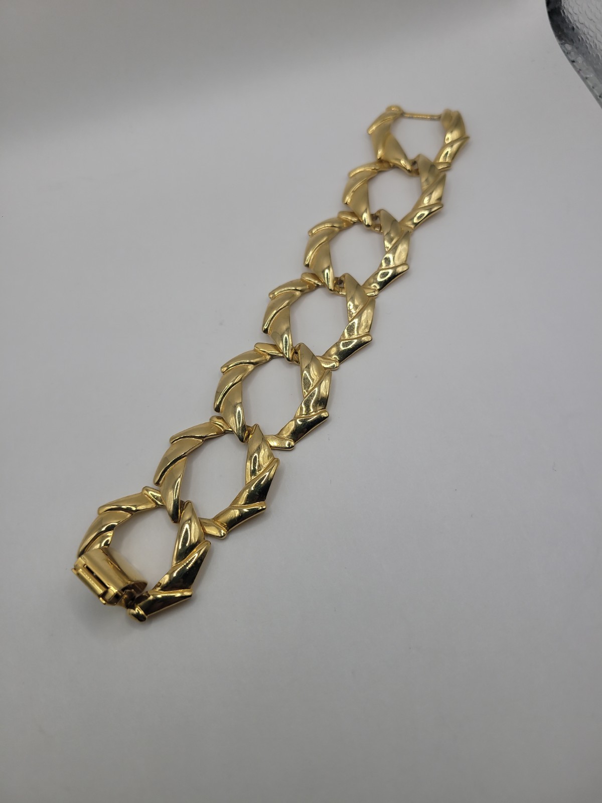 Vintage Gold Tone Geometric Link Bracelet Fold Over Clasp Chunky Statement Jewel
