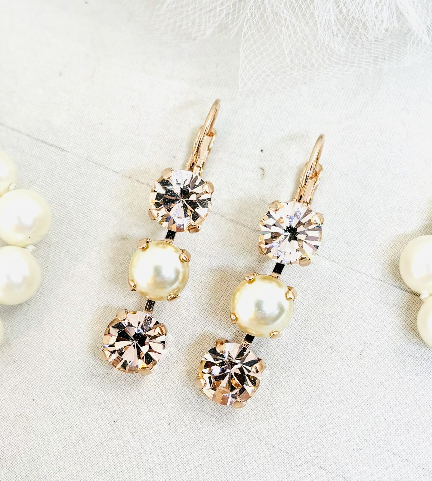 8mm Rose Gold Cream Pearl and Champagne Triple Stone Cup Chain Earring Pair