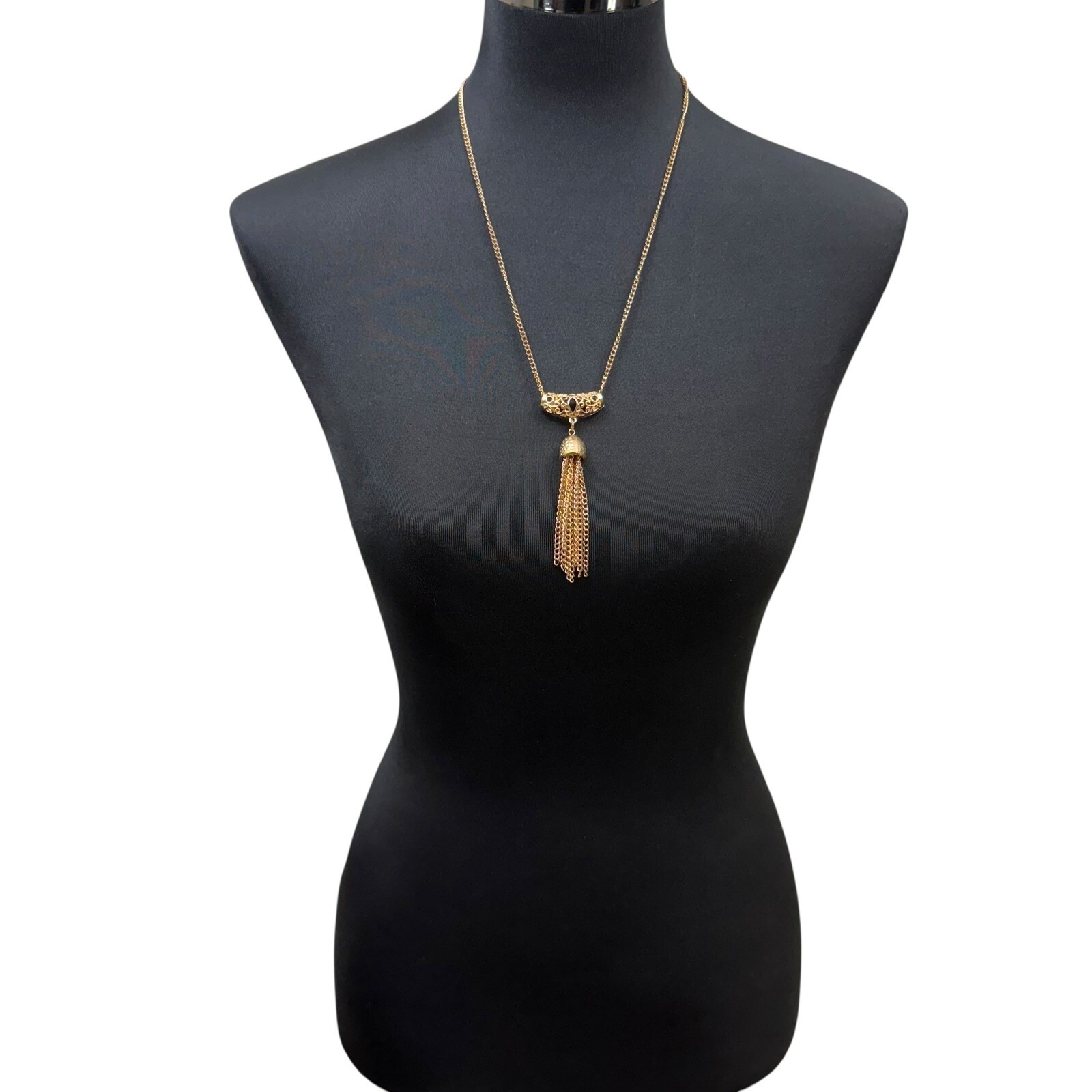 Gold Tone Fringe Tassel Pendant Necklace Chain Statement Fashion Jewelry 15 in L