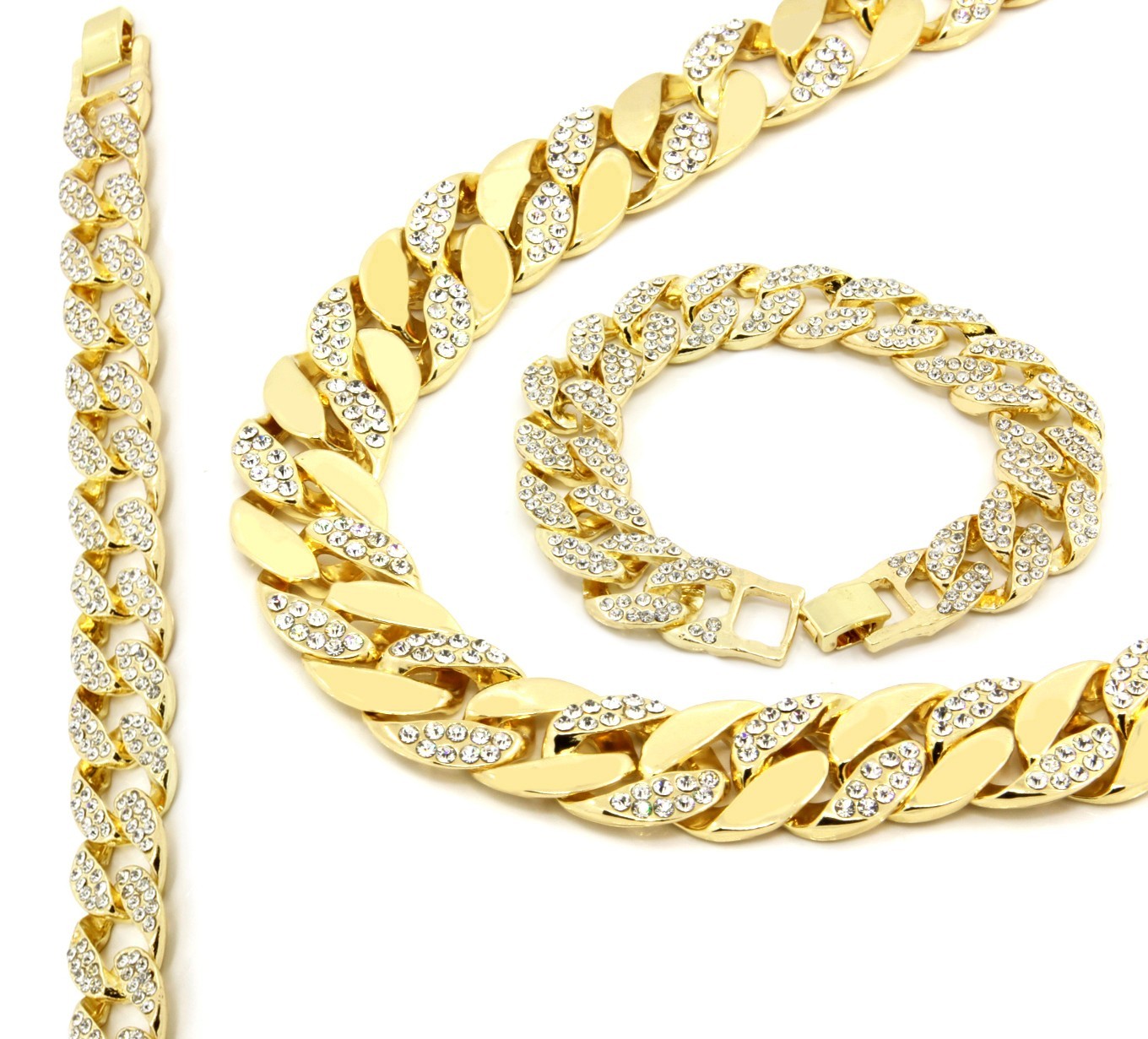 14k Gold Plated Hip Hop Cubic-Zirconia Chain & Bracelet Mens Miami Cuban