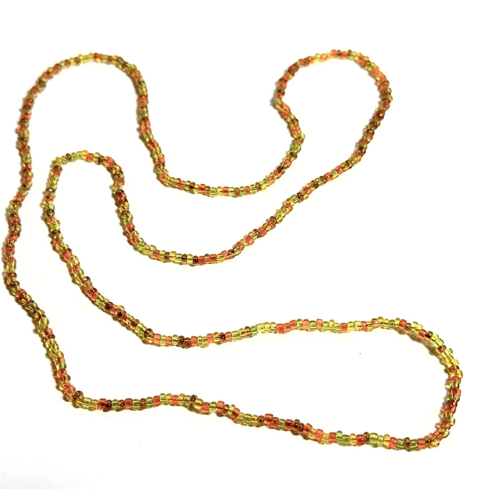 Delicate Single Strand Tiny Seed Bead Necklace Orange Yellow Green 27 inch