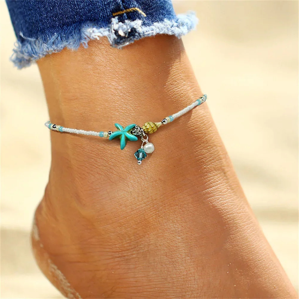 Summer Beach Boho Double Heart Anklets for Women Fashion Shell Starfish Ankle Br