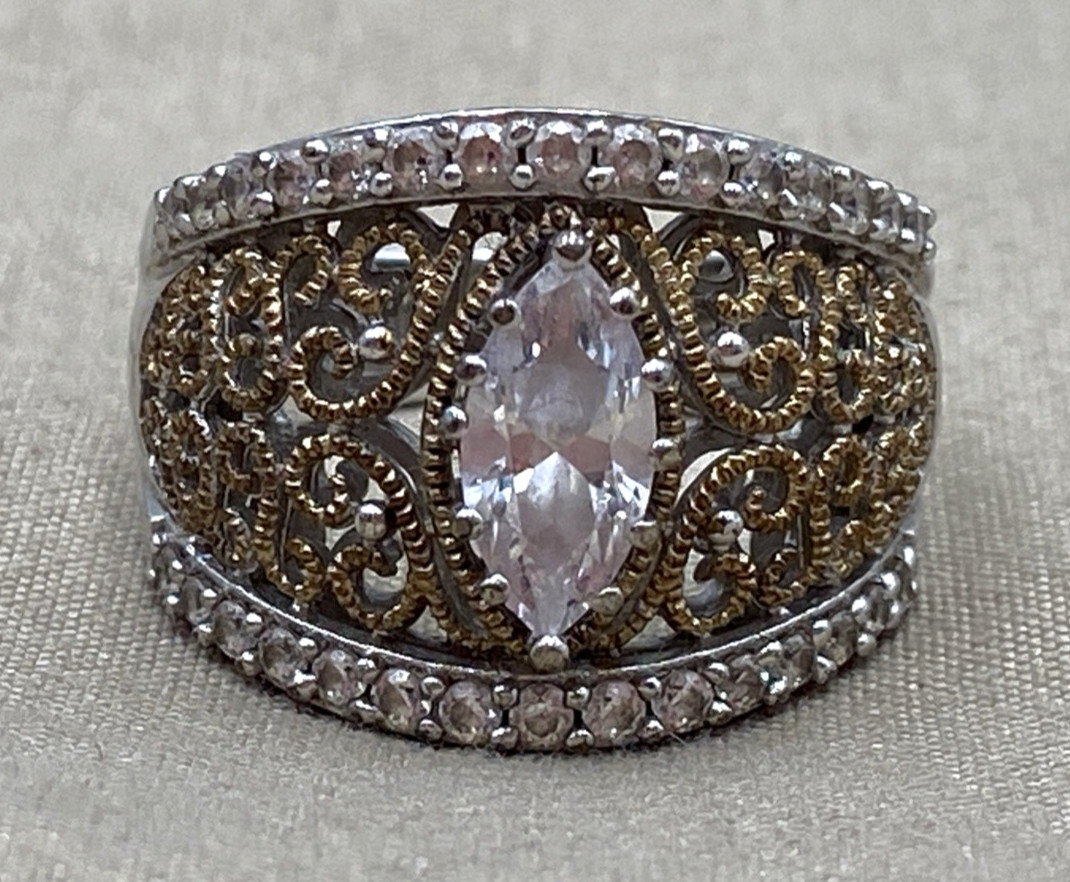 Verragio Womens 2 Tone Sterling 925 Marquise Filigree Cocktail Ring Size 8 /8.5g