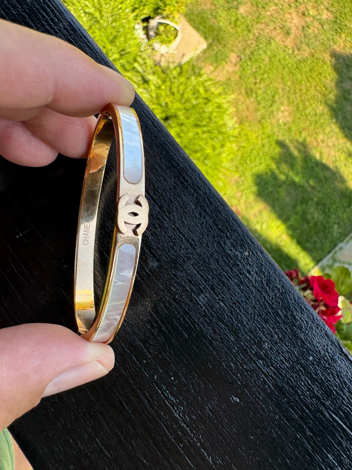 CHANEL CC Mother of Pearl Bangle Bracelet Gold Tone Hinged Cuff