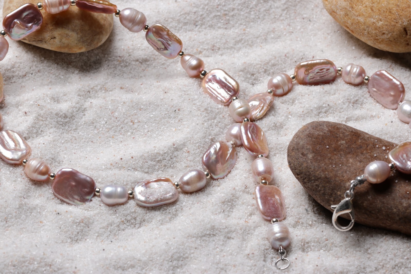 Collar Premium Para Mujeres Perlas Naturales Barrocas Color Rosa Cuentas Plata