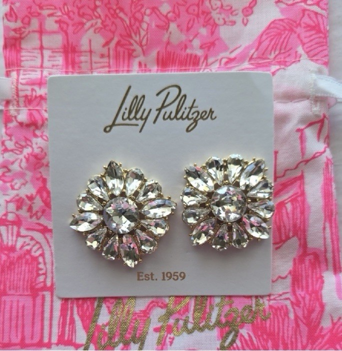 Lilly Pulitzer Spicy Socialite Clear Rhinestones Stud Earrings – New