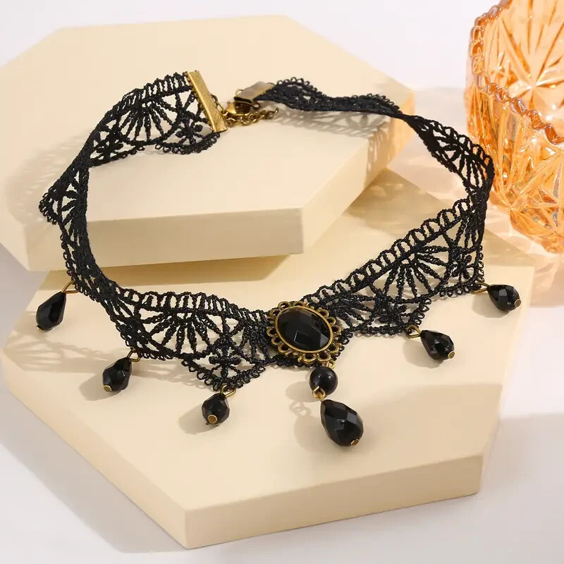 Black Lace Jewel Choker Necklace, Steampunk, Goth, Punk, Halloween, Trendy