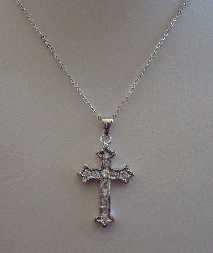 CROSS NECKLACE PENDANT 1 CT LAB CREATED DIAMONDS / 925 STERLING SILVER / 17”