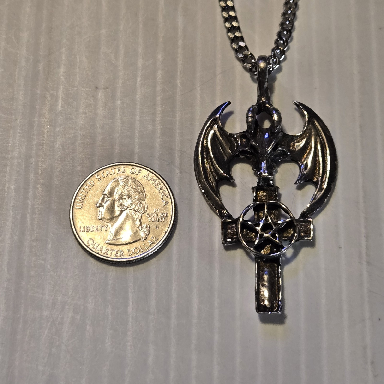 PENTAGRAM / WINGS Pewter Pendant Charm /18″-24″ STAINLESS CURB CHAIN NECKLACE