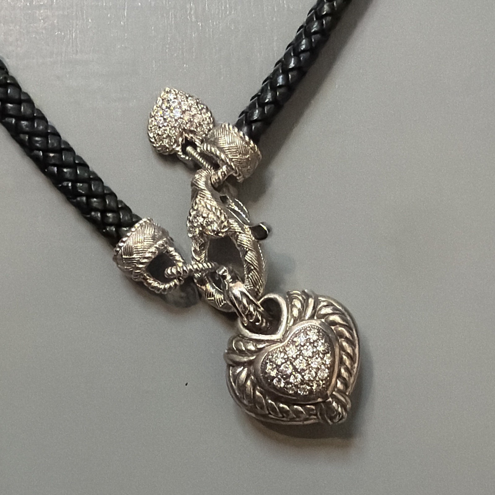 Black Leather Braided Cord Necklace Reversible Silver Heart Charm Pavé Crystal