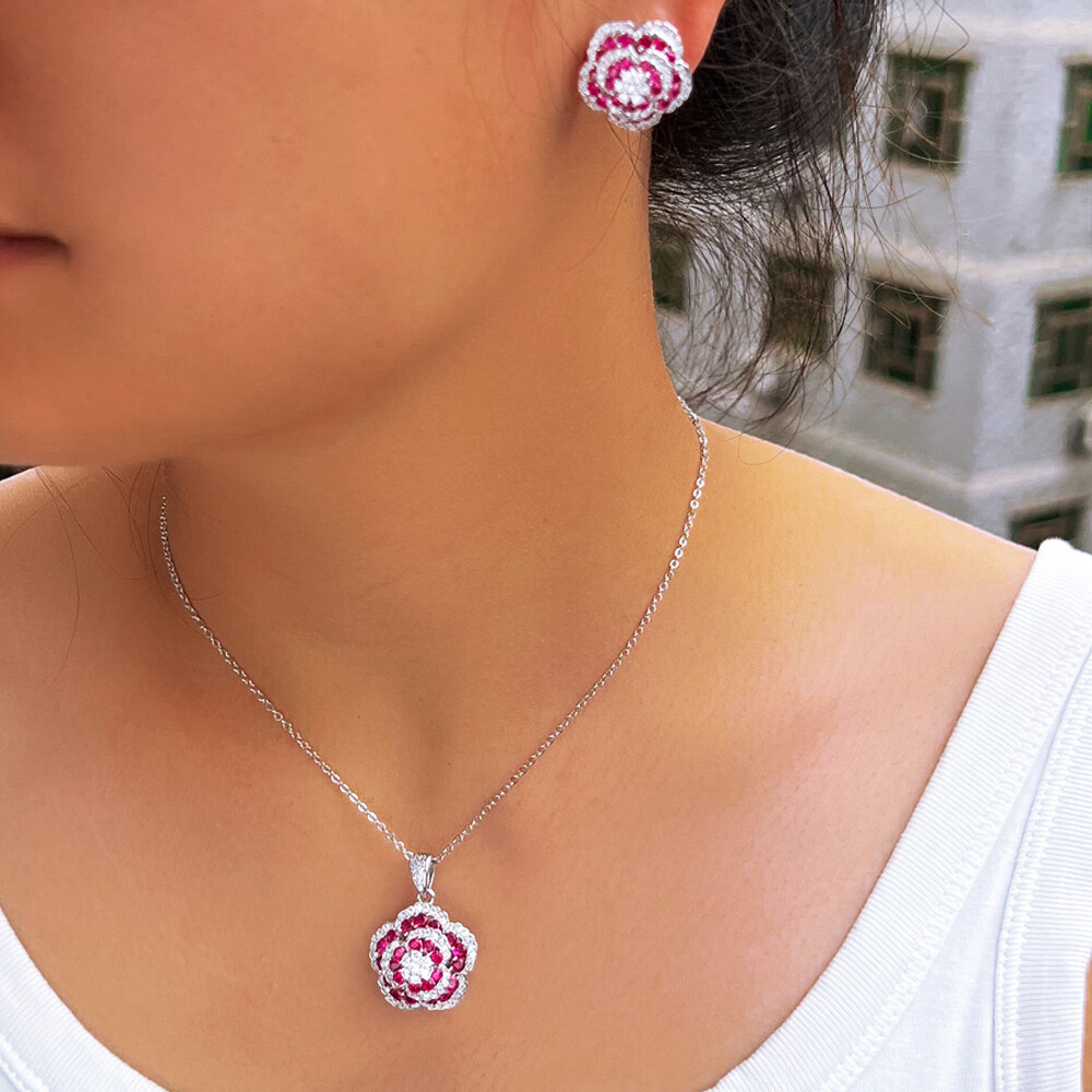 Flower Necklace Earrings Set Silver Plated Fashion Brand CZ Women Party Jewelry