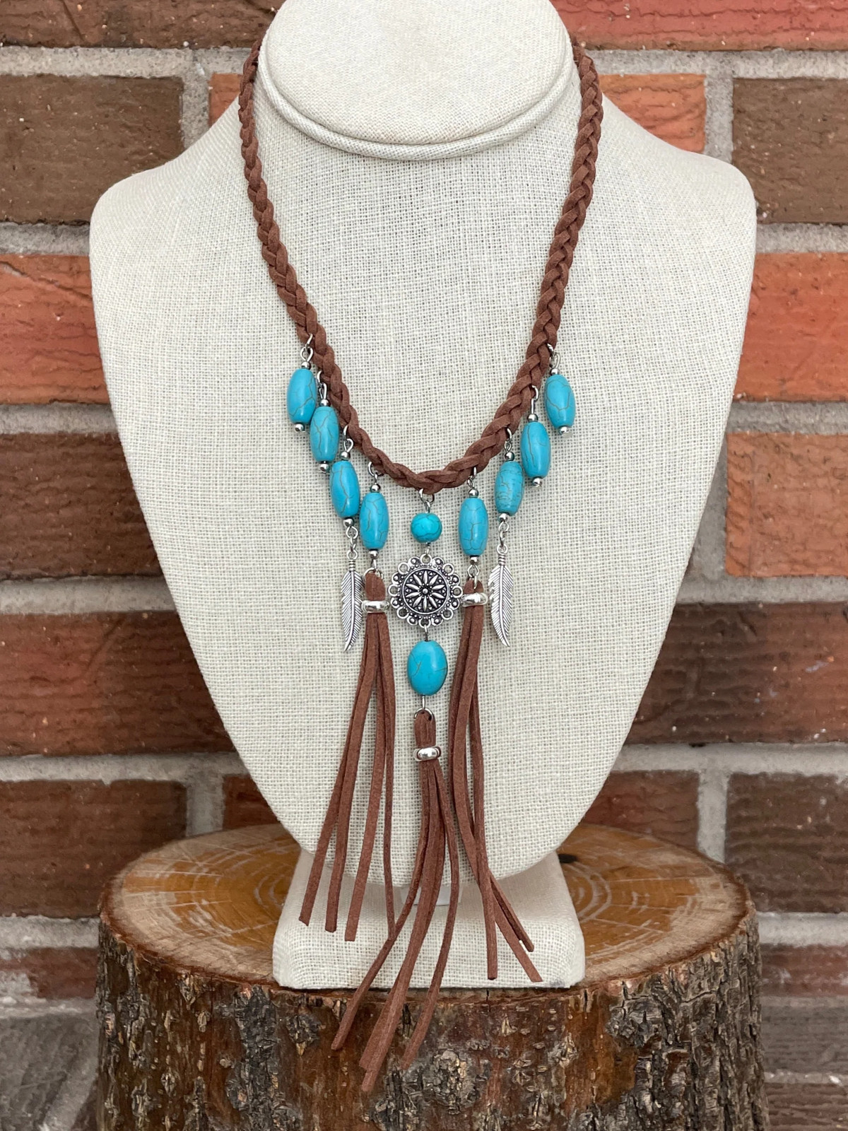 New Braided Faux Leather Fringe Statement Necklace Turquoise Silver Boho Western