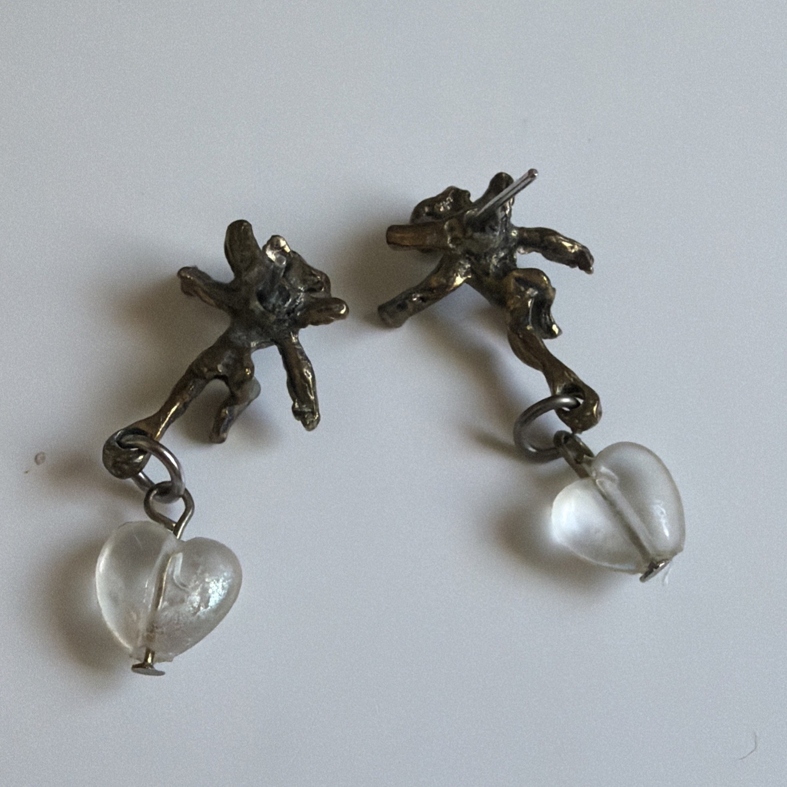 Vintage Cupid Cherub Valentines Day Gold Metal Plastic Heart Earrings Jewelry