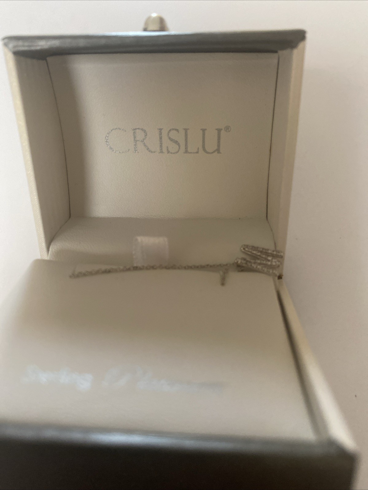 Crislu – Sterling Silver & Platinum Rhinestone Necklace – Initial M – NIB