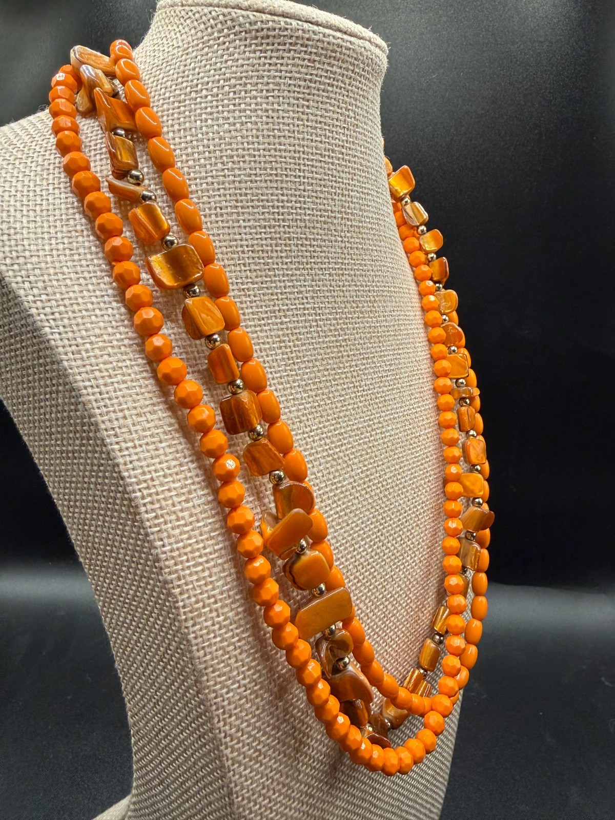 Orange Multi Strand Tiger’s Eye Style Beaded Necklace Gold Tone 30” Statement Ne