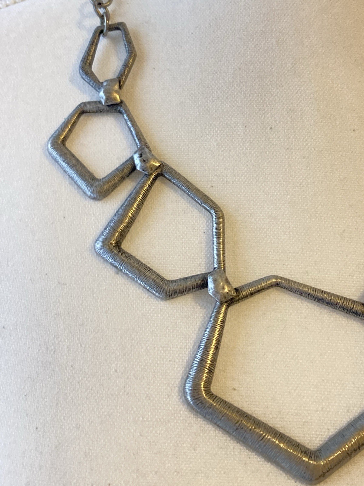 Modernist Statement Necklace Open Pentagon Shape Geometric Abstract Silver Tone