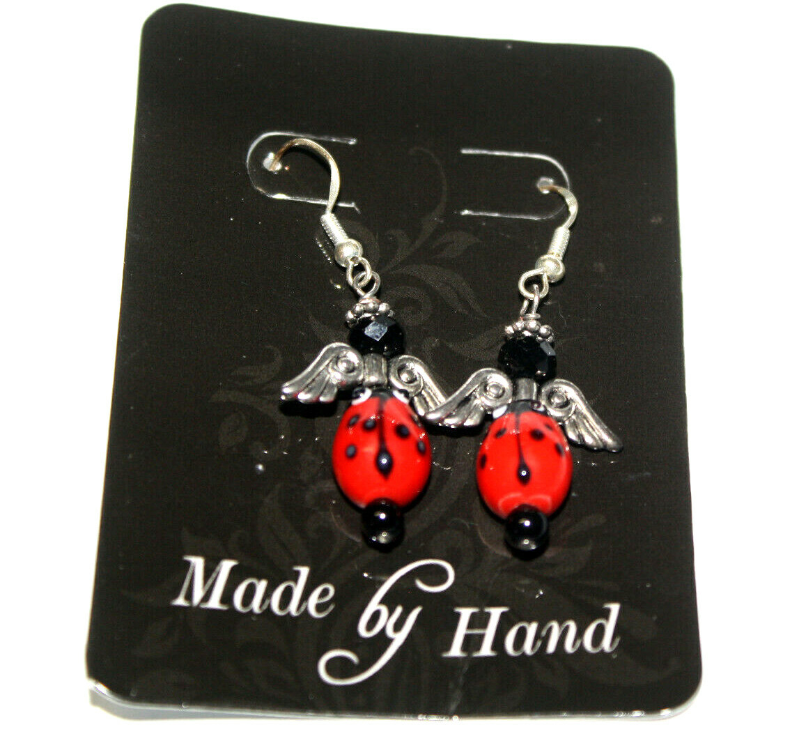 Costume Jewelry Earrings Ladybugs Red Black Silver Metal Wings 1 1/4″ x 7/8″