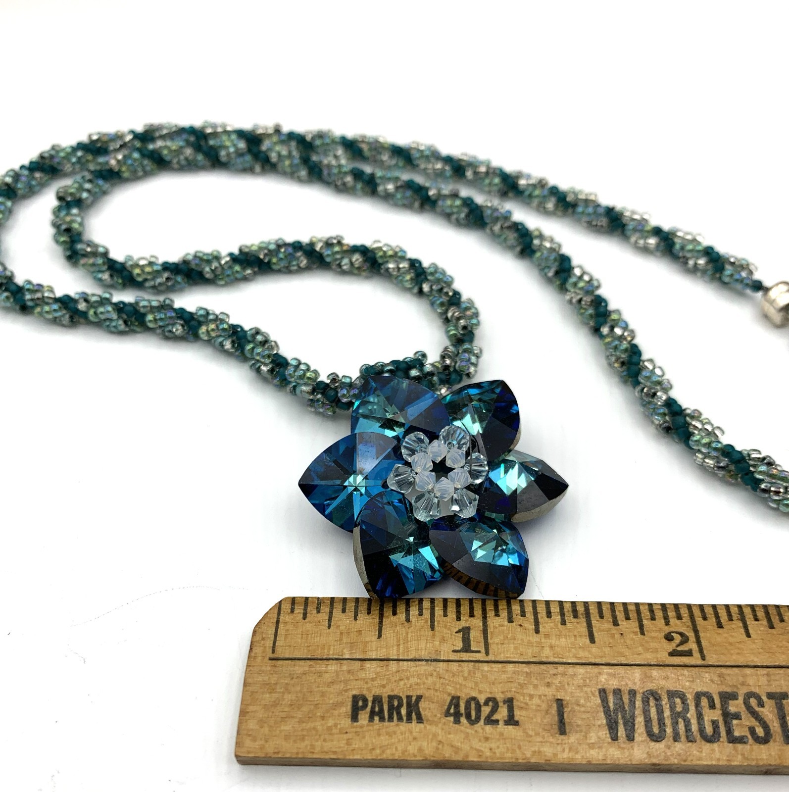 Swarovski Crystal Blue Flower & Peyote Stitch Cord, 10Kt Clasp Removable Pendant