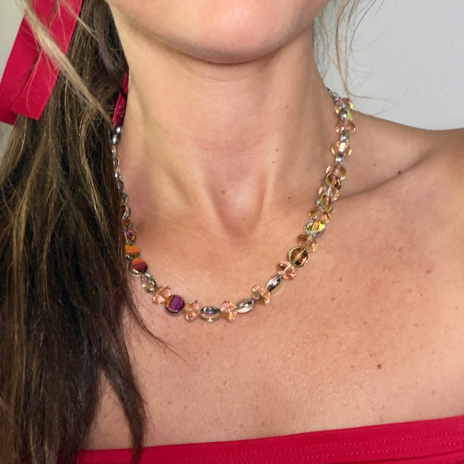 Multicolor Iridescent Round Beaded Statement Necklace Toggle Y2K Glam Gold Toned