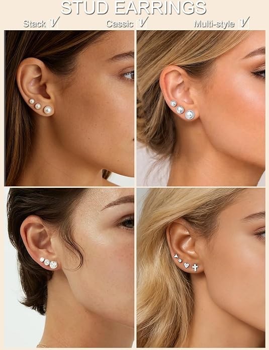 75 Pairs Gold Stud Earrings Set for Women Hypoallergenic Pearl CZ Hoop Jewelry