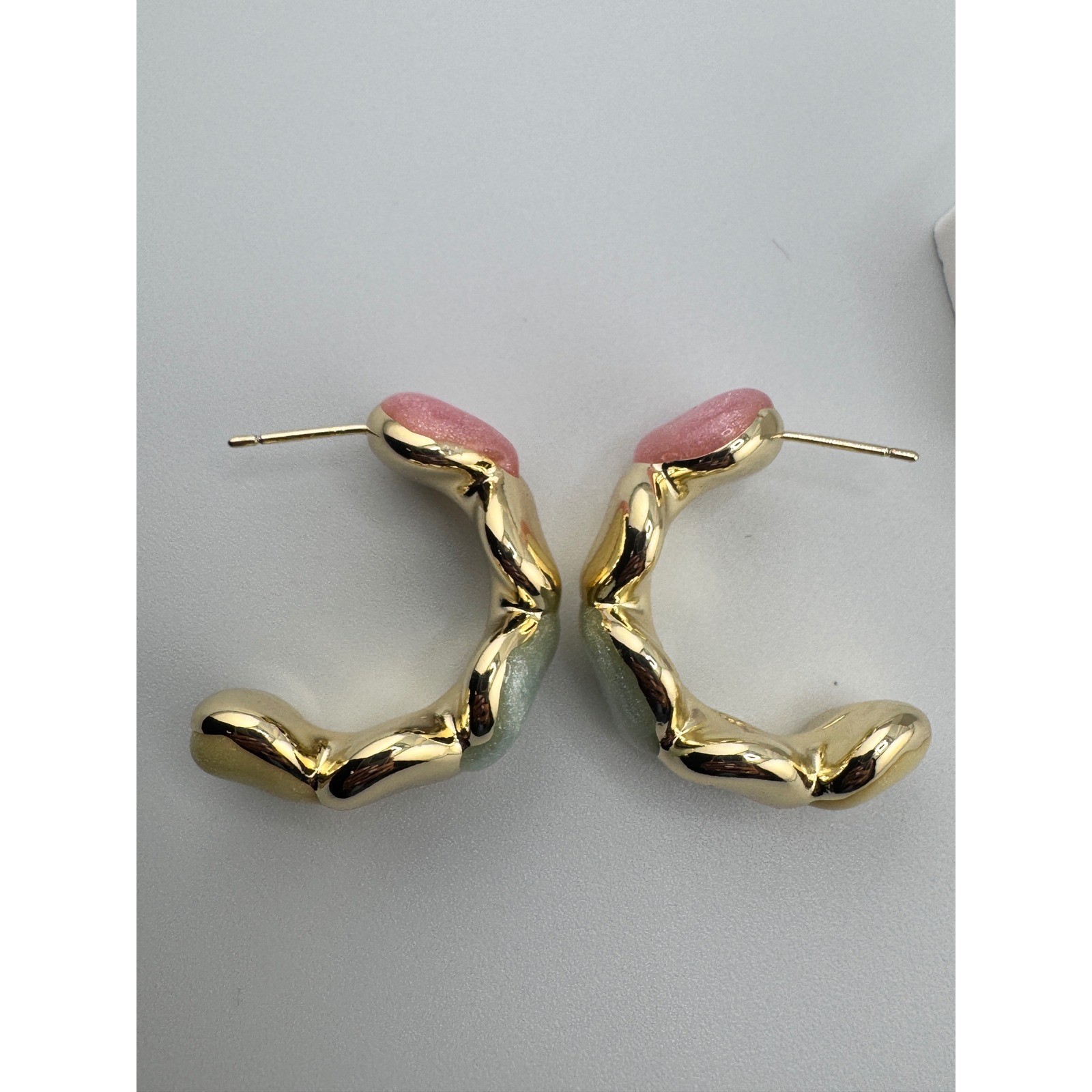 New 14K Gold Plated Pink Green Resin Wavy Organic Hoop Earrings Statement