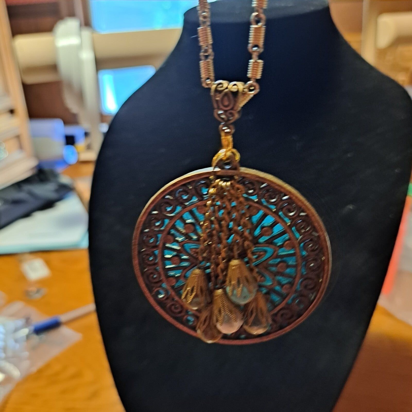 Handmade Bronzetone Medallion Charm Necklace 26″