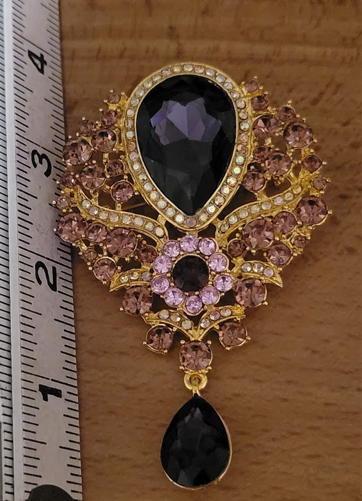 Stunning Purple Big 4″ Rhinestone Flower Teardrop Brooch All Occasion Pin P220-6