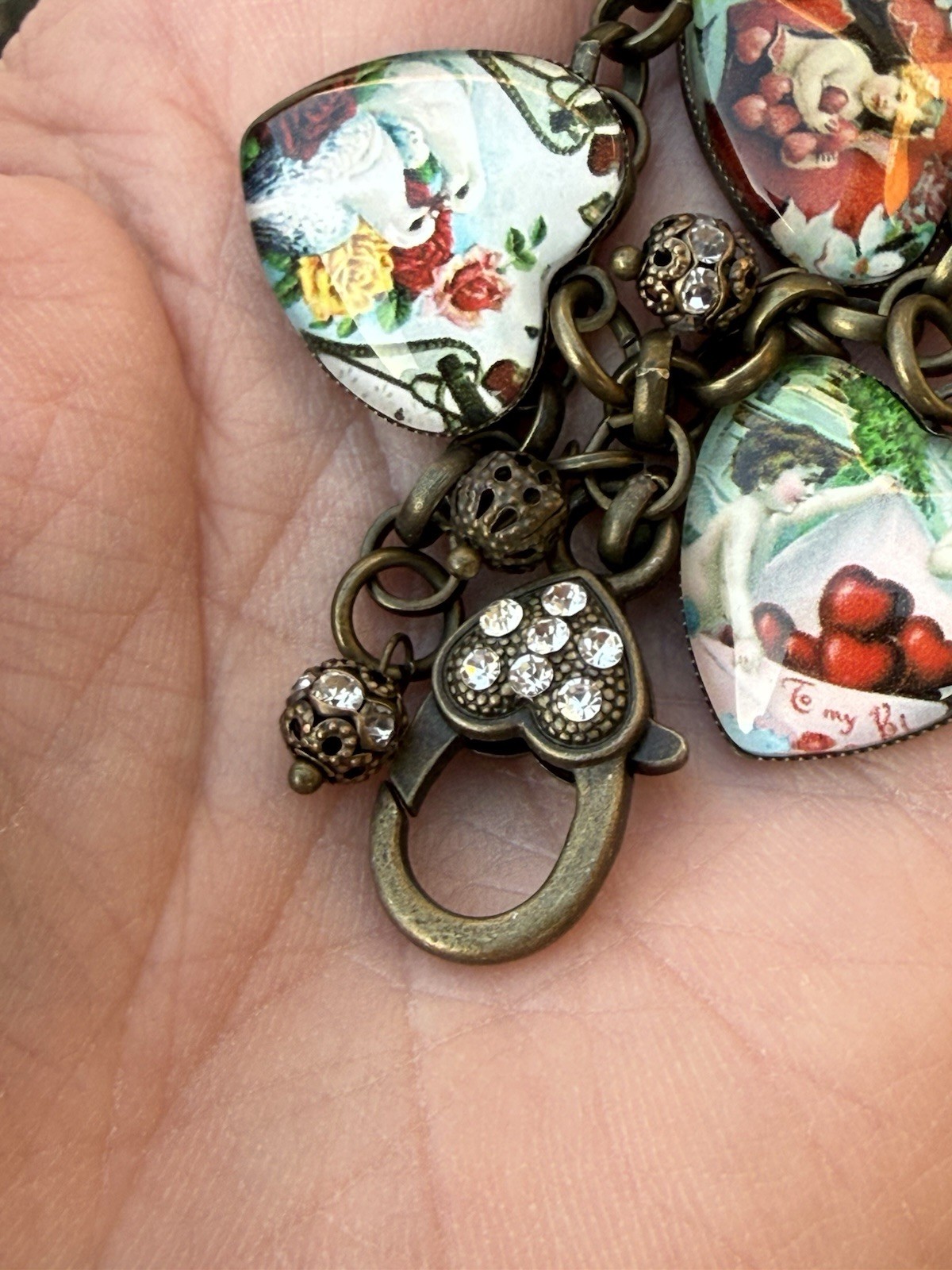Victorian Style Valentines Charm Bracelet With Heart Motif & 8 Victorian Images