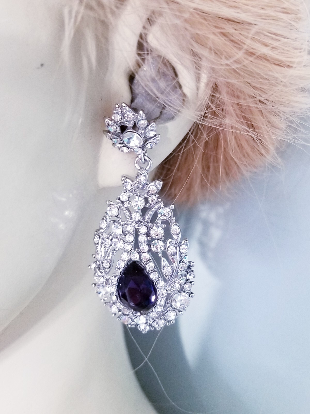 Chandelier Rhinestone Crystal Pageant Bridal Earrings Purple Drop Dangle 2.5 In