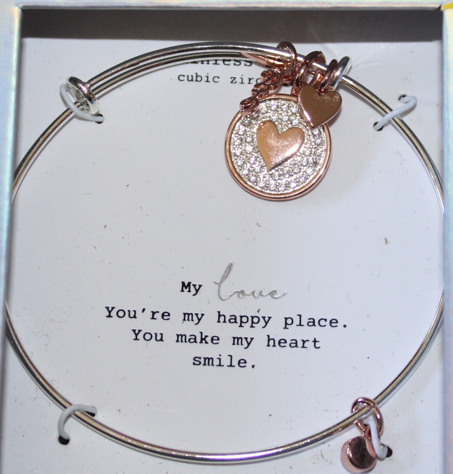 stainless steel Cubic Zerconia Expandable Bangle Bracelet with charms NEW