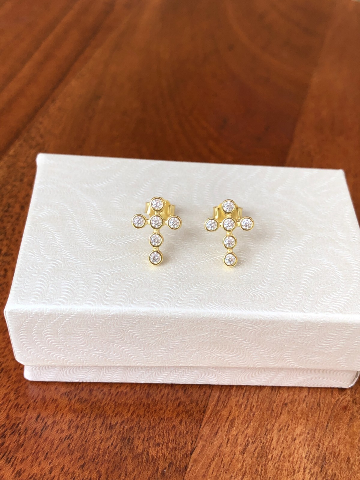 925 Sterling Silver Bezel CZ Cross Stud Earrings Gold Women Girls 12.5mm/0.49″