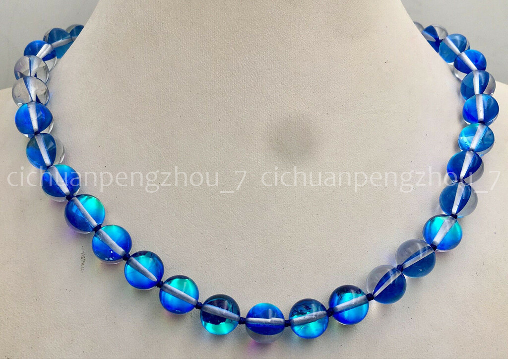 6/8/10/12mm Blue Gleamy Rainbow Moonstone Round Gemstone Beads Necklace 18”