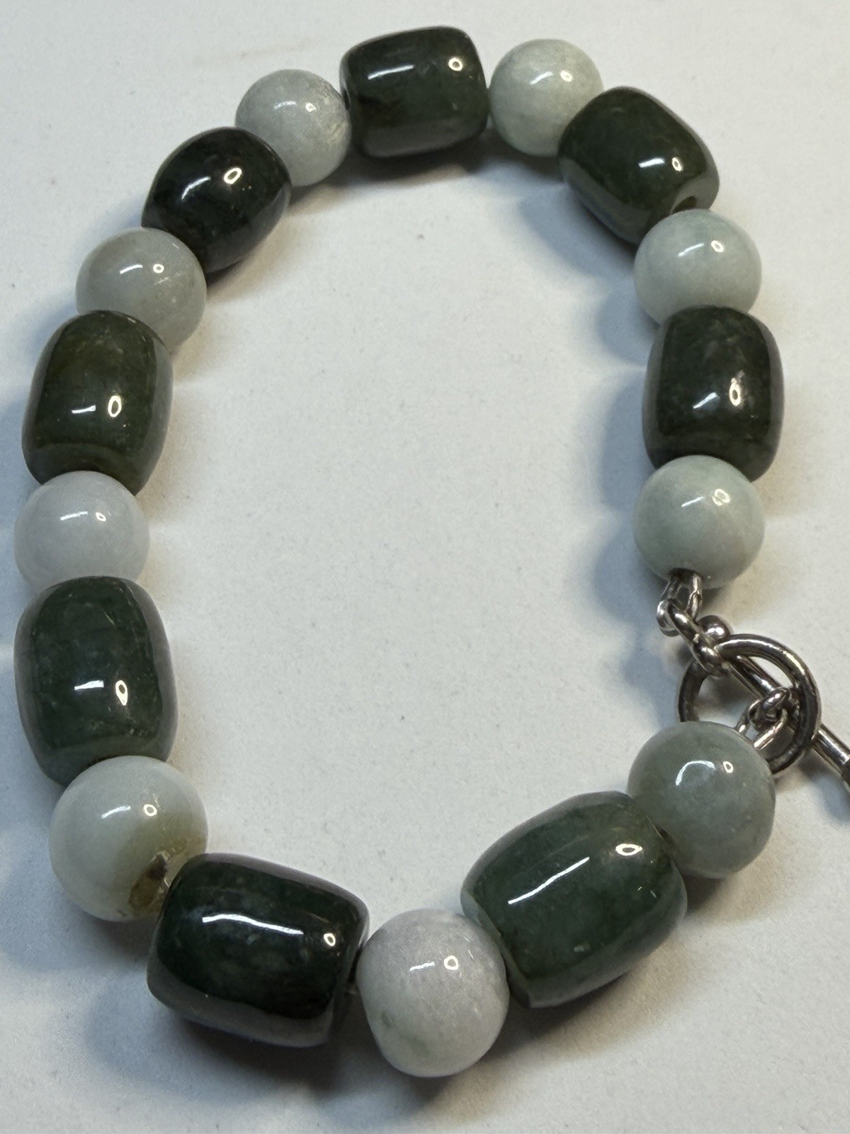 Vintage Natural Green Nephrite Jade & Agate Barrel Bead Toggle Bracelet 19.5cm
