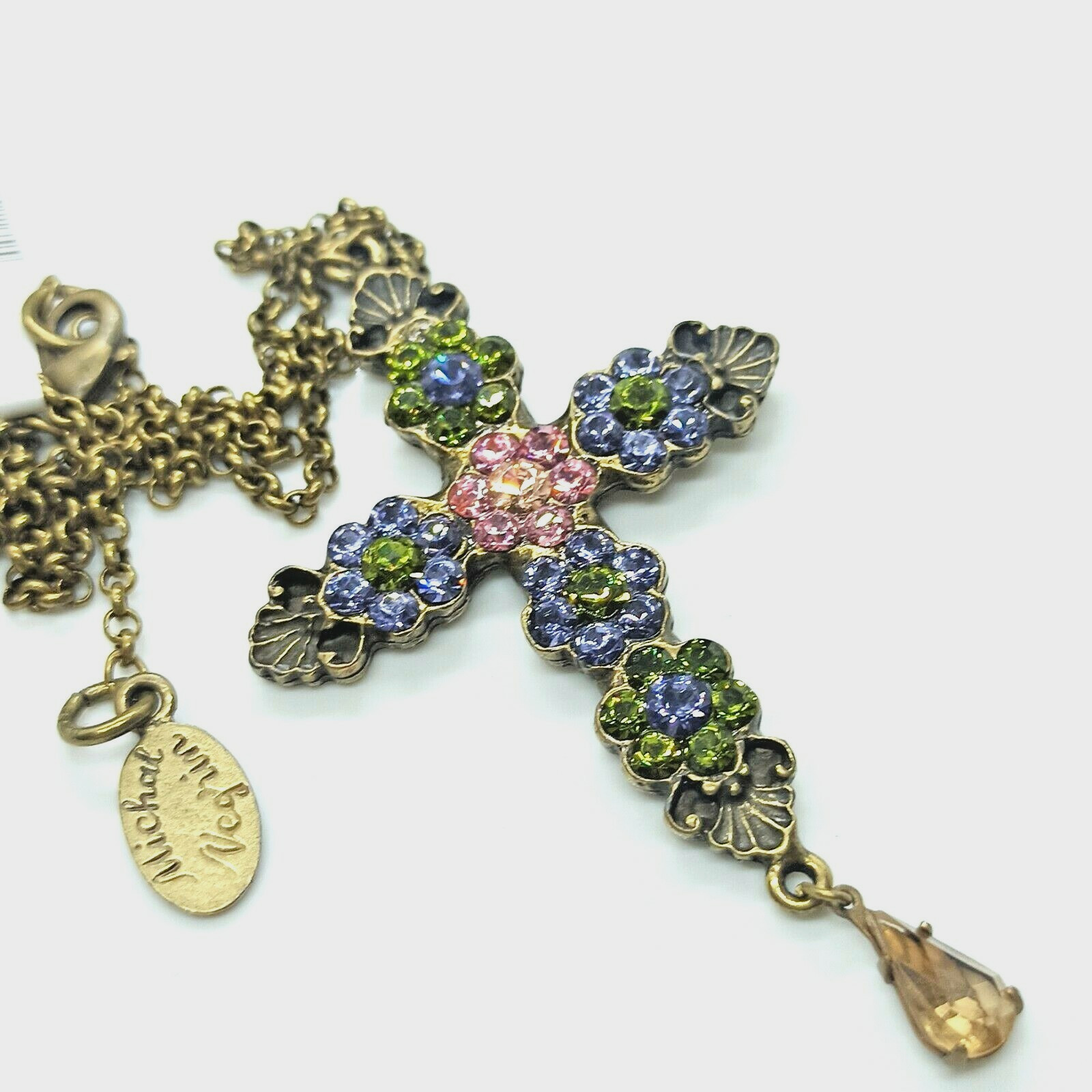 Michal Negrin Cross Necklace Purple Flower Pendant & Swarovski Crystals Gift New