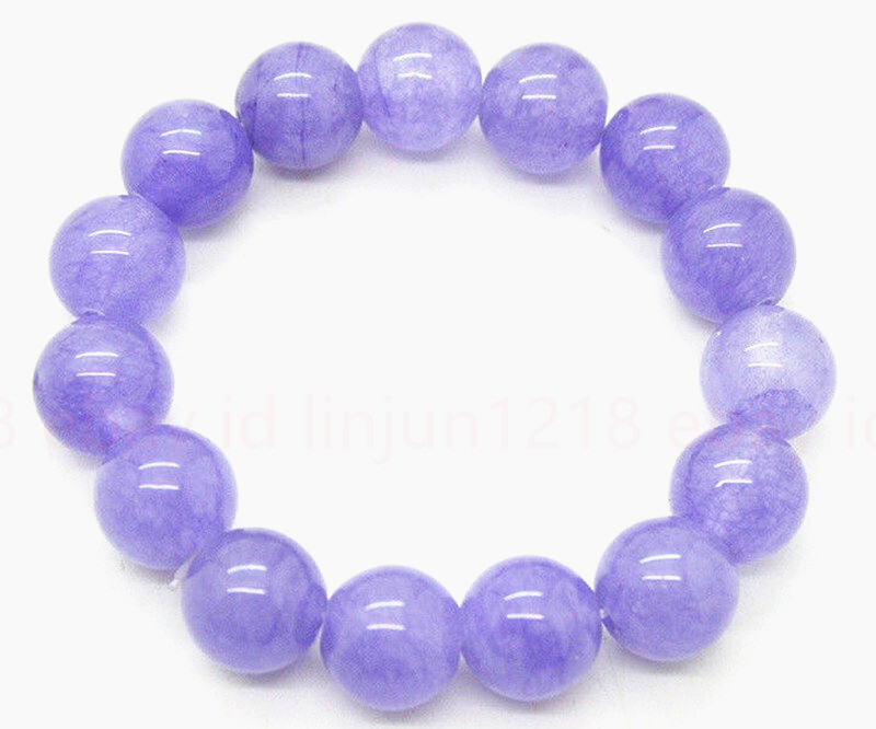 Natural 12mm Lavender Jade Jadeite Round Beaded Bangle Bracelet Gemstone 7.5”