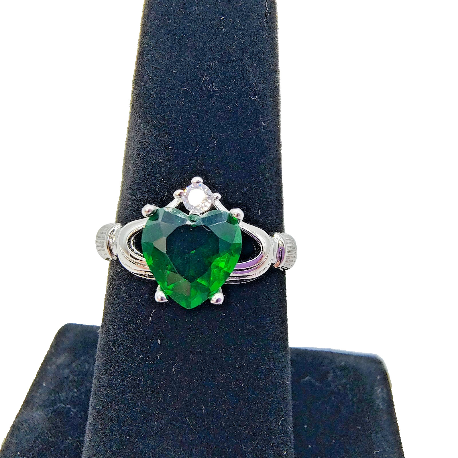 Claddagh Ring Irish Wedding Band Silver Plated Green CZ Sz 8 May Birthstone