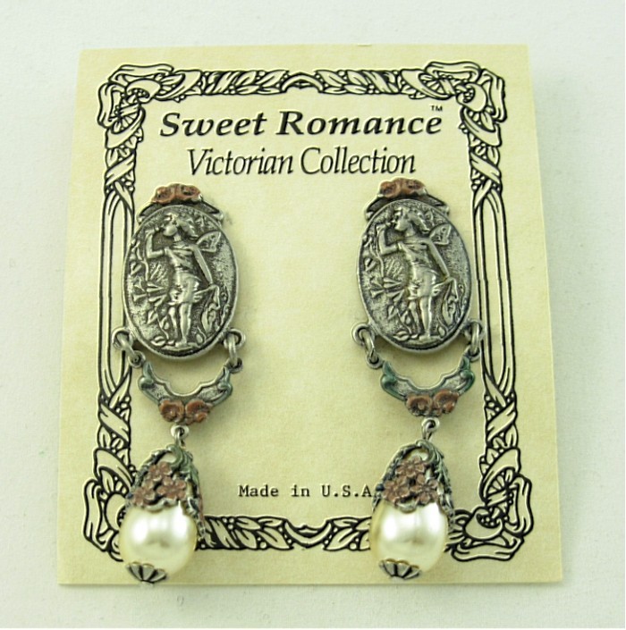 Vintage 90s Victorian Angel Sweet Romance Dangle Clipon Earrings; Original Card