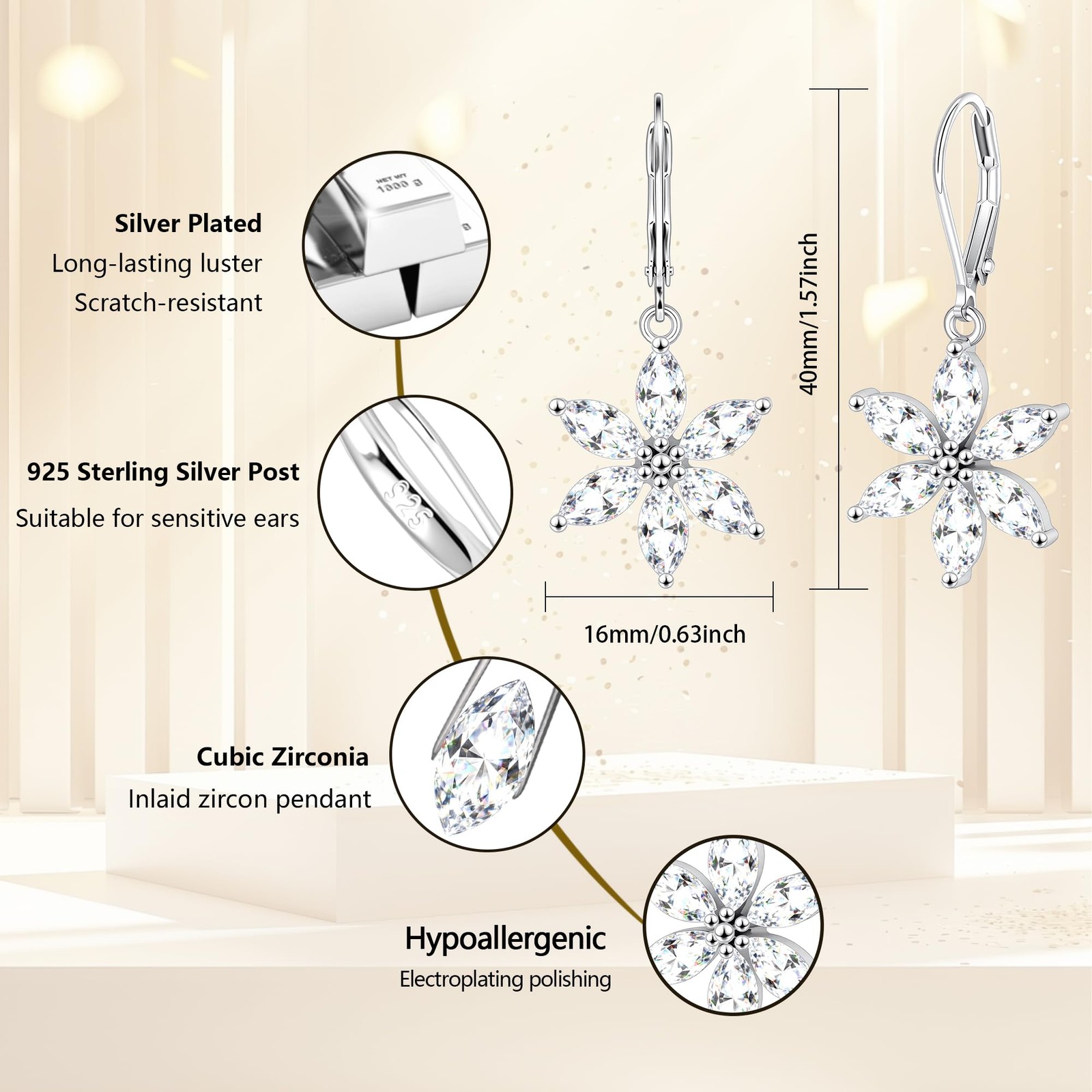925 Sterling Silver Flower Dangle Earrings for Women, Daisy
