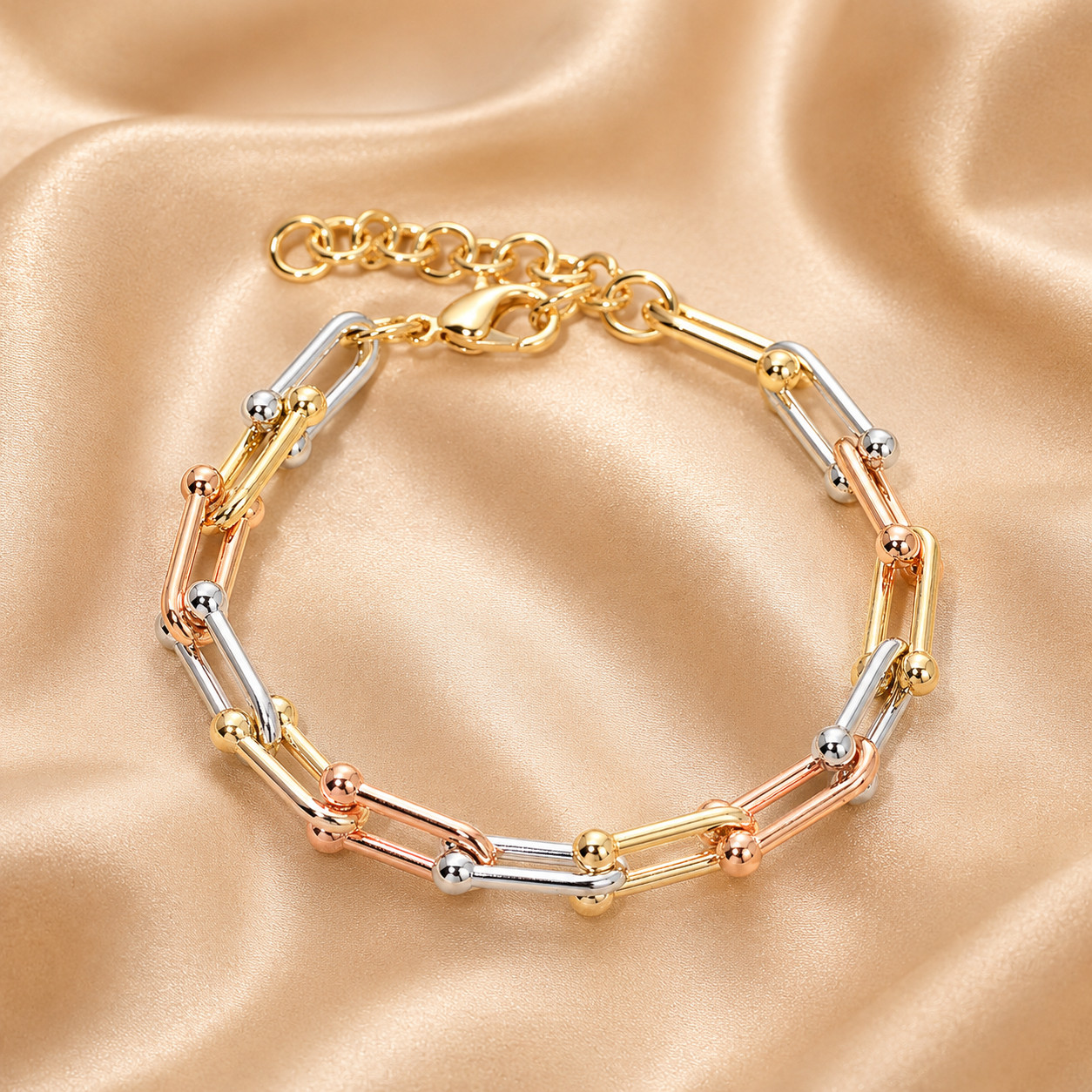 Three Tone Industrial Link Chain Statement Bracelet – Bold Modern Mesh Jewelry