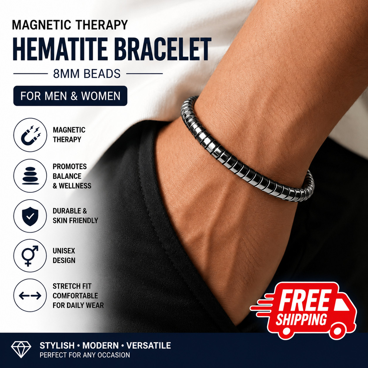 2 PACK Magnetic Therapy Hematite Bracelet 8mm Beads for Men and Women