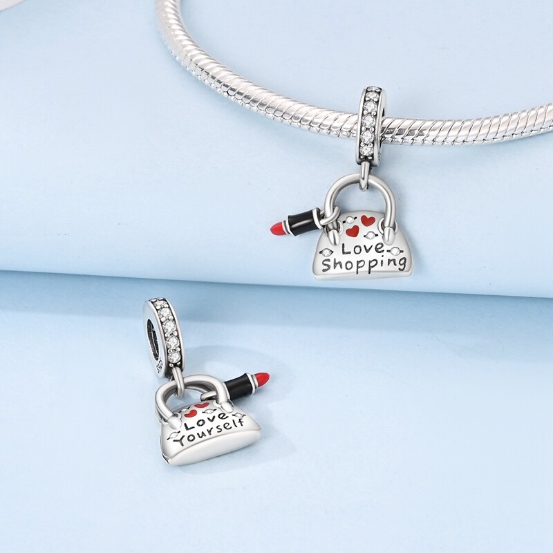 MULA 925 Sterling Silver Charm AAA CZ Lipstick Dangle Handbag fit Bracelet Chain