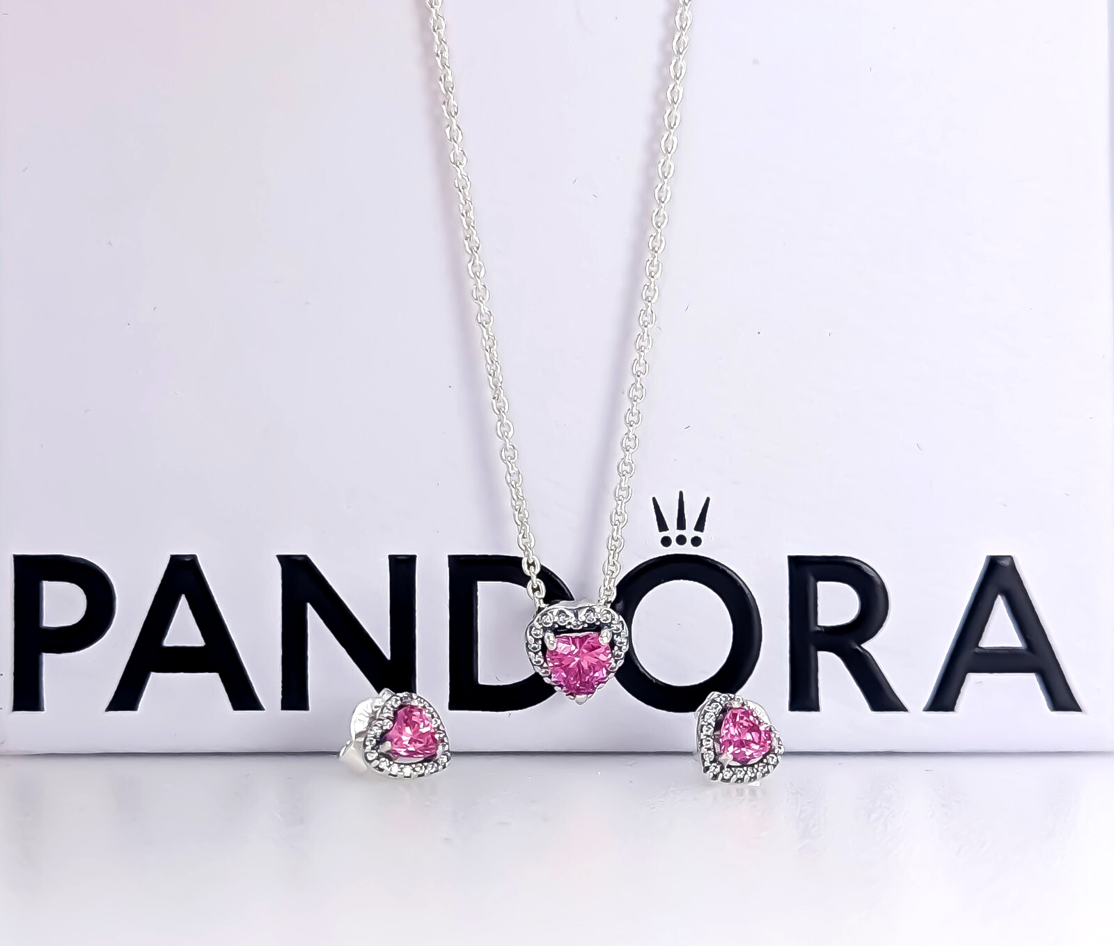 New 100% PANDORA 925 Pink Pave Heart Necklace Earrings Jewlery Gift Set B802601