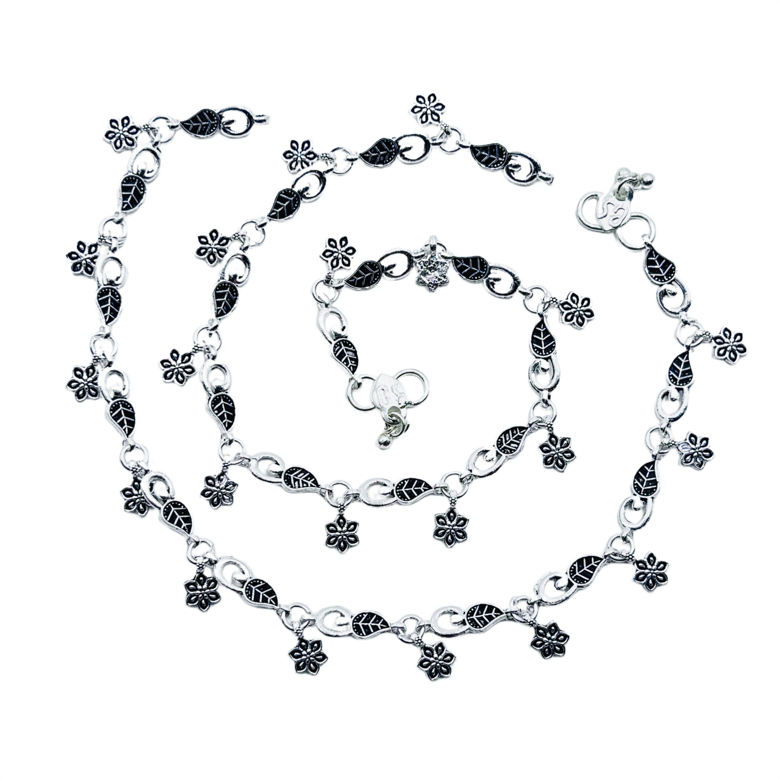 Oxidized Silver Plated Anklet With Floral And Leaf Design / Ethnic Boho Chain