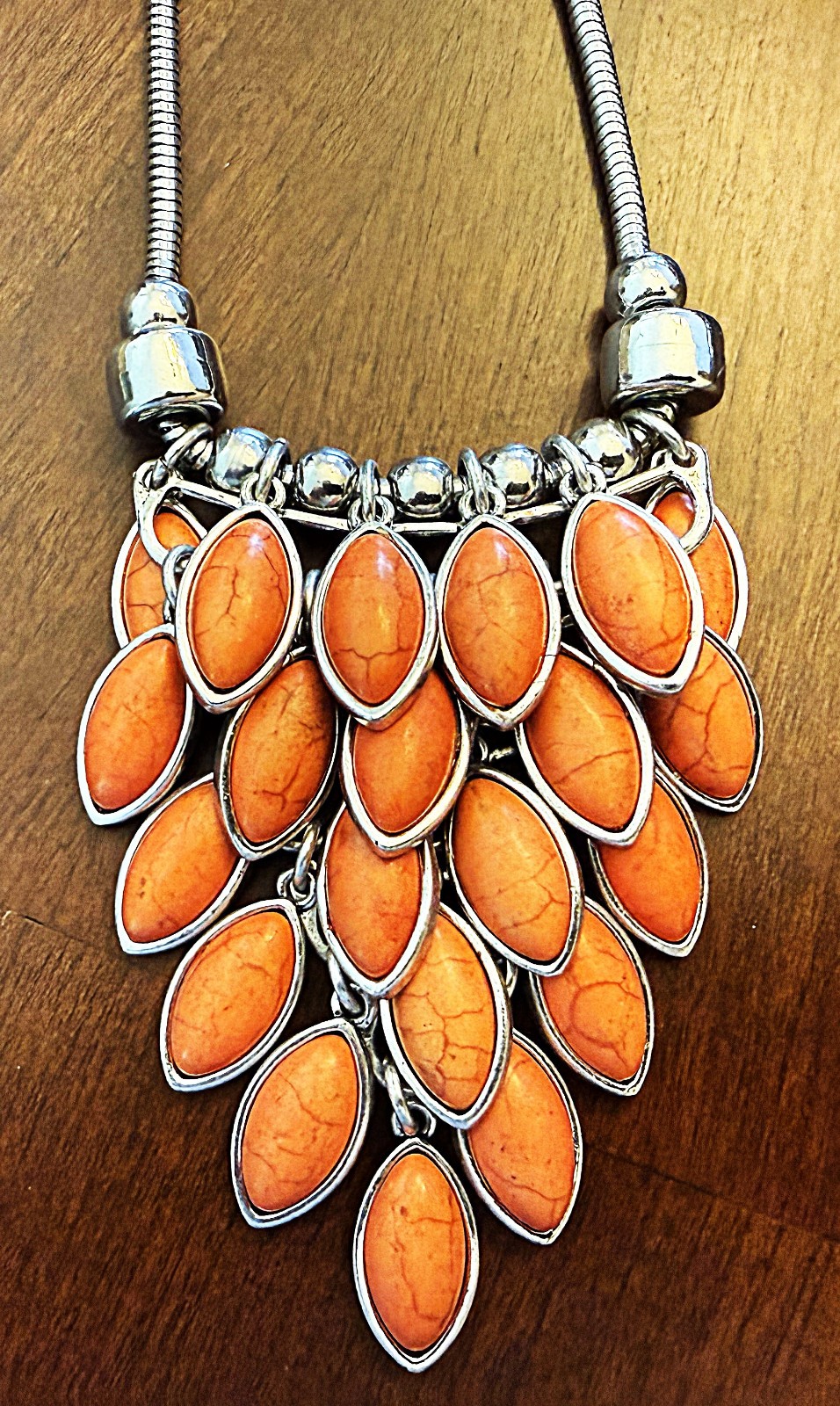 Vintage Southwestern Bib Style Necklace Orange Faux Stone & Beads Silver Tone