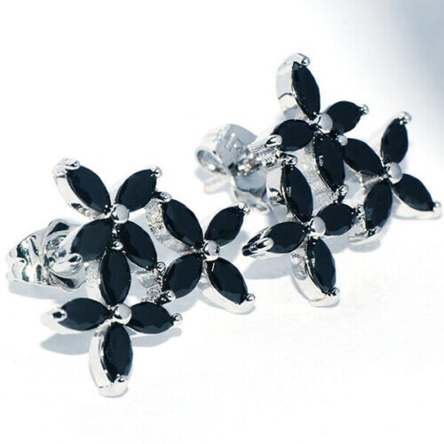 Beautiful New Silver Filled Black Marquis CZ Triple Flower Stud Earrings
